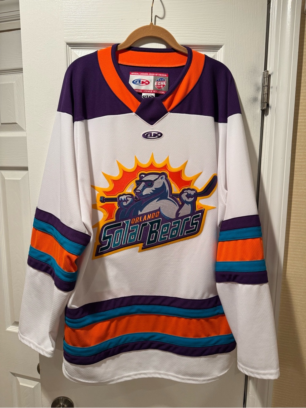 Orlando Solar Bears White Hockey Jersey with Purple, Orange & Teal Trim